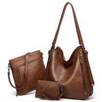 Bolsa Feminina De Ombro Grande Couro Marrom Kit 3 Peças