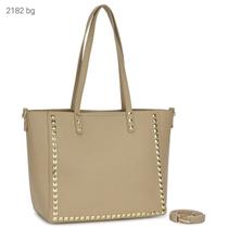 Bolsa Feminina de Ombro tipo Sacola Espaçosa com Apliques Dourados Kit 2 pçs com Bolsa Transversal 2182 Cor:Creme