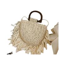 Bolsa Feminina de Palha Semicírculo - Feita à Mão com Borla - para Praia e Férias