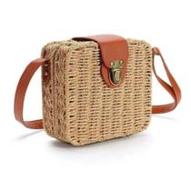 Bolsa feminina de palha transversal moderna pequena elegante bege escuro Bolsa feminina de palha transversal moderna pequena elegante bege escuro