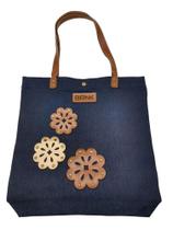Bolsa Feminina Em Jeans Mod Tote Bag aplique flores