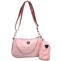 Bolsa Feminina em Nylon com Alça de Corrente e Alça Transversal Forrada, com Zíper e Porta Moedas Removível Moderna e Versátil