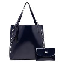 Bolsa feminina grande de ombro verniz com spike piramide e carteira kit 2 peças