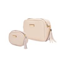 Bolsa Feminina Kit 2 Peças Quadrada Média Bege Transversal + Oval Pequena Bege Transversal