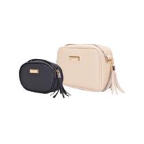 Bolsa Feminina Kit 2 Peças Quadrada Média Bege transversal + Oval Pequena Preta Transversal