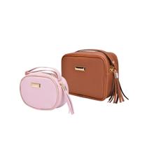 Bolsa Feminina Kit 2 Peças Quadrada Média Caramelo Transversal + Oval Pequena Rosa Transversal