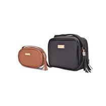 Bolsa Feminina Kit 2 Peças Quadrada Média Preto Transversal + Oval Pequena Caramelo Transversal