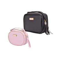Bolsa Feminina Kit 2 Peças Quadrada Média Preto Transversal + Oval Pequena Rosa Transversal