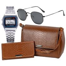 Bolsa Feminina Lateral e Transversal Croco Regulável e Carteira de Mão Caramelo + Relógio de Pulso Inoxidável + Óculos de Sol Proteção UV