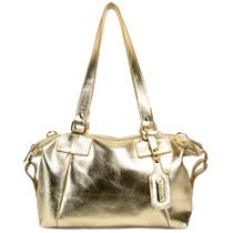 Bolsa Feminina Média Bowling Baú Maleável em Couro Legitimo Dourada Ouro Light