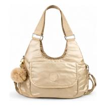 Bolsa Feminina Metalizada Nylon Impermeável Ombro e Transversal com Pompom com Bolsos e Zíper