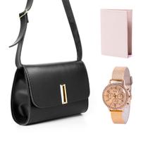 Bolsa feminina pequena transversal tiracolo casual preta carteira off relogio dourado