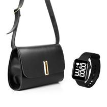 Bolsa feminina pequena transversal tiracolo casual preta relogio digital