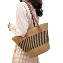 Bolsa Feminina Praia Palha Listrada Grande Com Ziper Grande -