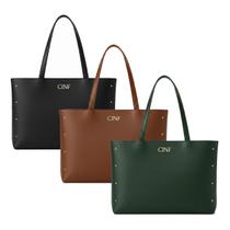 Bolsa Feminina Sacola Grande Kit Com 3 Peças Universitária De Ombro Cor:Preta/Verde Militar/Caramelo
