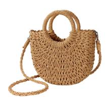 BOLSA FEMININA TECIDA SEMICIRCULO PARA PRAIA FERIAS VERÃO Cor:Bege Escuro
