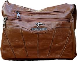 Bolsa Feminina Transversal Marrom material sintético com 4 Zíperes Espaçosa e Elegante