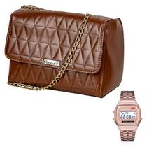 Bolsa Feminina Transversal Metalassê Alça com Corrente Caramelo + Relógio Digital Aço Inoxidável