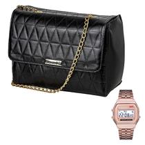 Bolsa Feminina Transversal Metalassê Alça com Corrente Preta + Relógio Digital Led de Pulso Aço Inoxidável Bolsa Feminina Transversal Metalassê Alça com Corrente Preta + Relógio Digital Led de Pulso Aço Inoxidável