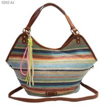 Bolsa Feminina Transversal / Ombro de Palha Ráfia Colorida Casual com Chaveiro 0262