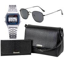 Bolsa Feminina Transversal Tiracolo Croco e Carteira de Mão Preta + Relógio de Pulso Inoxidável + Óculos de Sol Proteção UV - Shamrock
