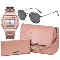 Bolsa Feminina Transversal Tiracolo Tote e Carteira Feminina Rosa + Relógio de Pulso Inoxidável + Óculos de Sol Proteção UV