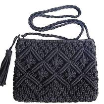 Bolsa Festa Feminina Média Estilo Crochê Barbante Preto