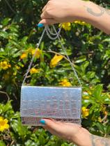 Bolsa Festa Quadrada Croco Prata Metalizado Elegante Tiracolo Alça Corrente Removível