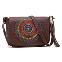 Bolsa Flap Transversal Hfast Shoes com Detalhe Bordado Mandala e Zíper