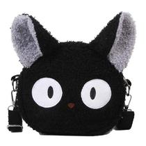 Bolsa Gata Jiji de Pelúcia Preto Macio Fofo com Alça Estilo Kawaii Japonês