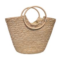 Bolsa Grande Cesta Alça Madeira Artesanal Praia Piscina Cor:Palha