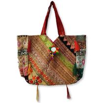 Bolsa Grande com Ziper Indiana Bordada Patchwork Miçangas