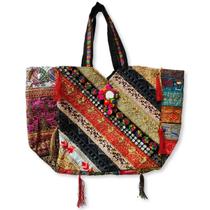 Bolsa Grande com Ziper Indiana Bordada Patchwork Miçangas