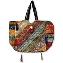 Bolsa Grande com Ziper Indiana Bordada Patchwork Miçangas