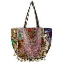 Bolsa Grande com Ziper Indiana Bordada Patchwork Miçangas