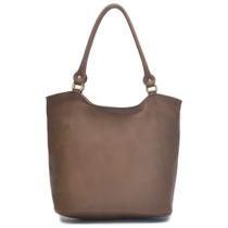 Bolsa Grande Feminina Couro Legítimo Alça de Ombro Sacola Fechamento Zíper Cor Caramelo
