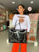 Bolsa grande feminina em verniz bolso único com zíper alça de ombro