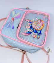 Bolsa infantil Menina Mochila com Bolso ziper Disney Lilo Stitch Gel com Glitter Lacinho para Escola Creche Presente
