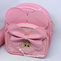 Bolsa Infantil mini Mochila de Costa Pequena com Bolso Disney Orelha da Minnie com Orelha Laço Glitter Couro Metalizada