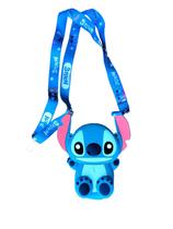 Bolsa Infantil Silicone Alça Regulável Mini Bolsinha Lilo Stitch Angel com Ziper Porta Moedas Acessórios- Azul