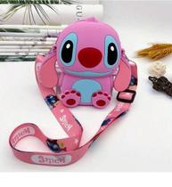 Bolsa Infantil Silicone Alça Regulável Mini Bolsinha Lilo Stitch Angel com Ziper Porta Moedas Acessórios- Rosa