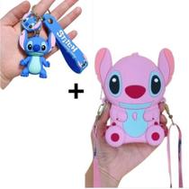 Bolsa Infantil silicone Disney Alça Transversal ziper Porta Moedas + Chaveiro Stitch angel Lilo 3D emborrachado fofo