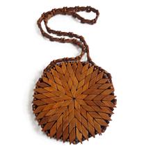 Bolsa Madeira Caramelo Redonda Porta-Celular Alça Longa