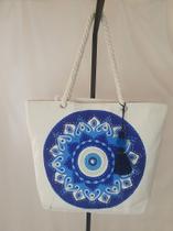 Bolsa mandala Olho Grego bordados manuais com pedrarias e perólas, alças naúticas, zíper e forro