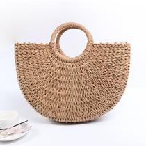 Bolsa Mão Tira Colo Moda Praia Palha Feminina Verão Estilosa Meia Lua Crochê Media Elegante