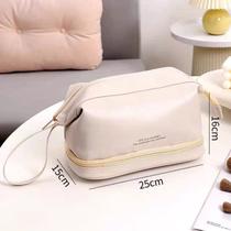 Bolsa Maquiagem Couro Pu De Cosméticos De Dois Camada Dupla Para Viagem Cor:Branco Bolsa Maquiagem Couro Pu De Cosméticos De Dois Camada Dupla Para Viagem Cor:Branco