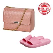 Bolsa Matelassê Feminina Transversal Alça Corrente Rosa + Chinelo Slide Confortável Nuvem Macio