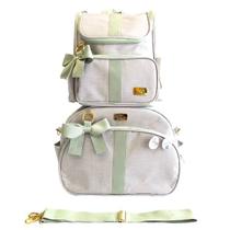 Bolsa maternidade Laços c/Mochila em Linho Sintético Luxo Cor:Bege c/ Verde-Oliva
