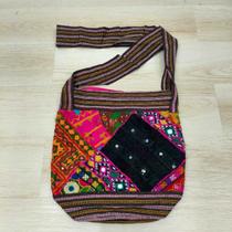 Bolsa Média Indiana Bordada Tecido Patchwork Sem Zíper -