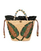 Bolsa mini bag palha luxo theron folhas bordada handmade